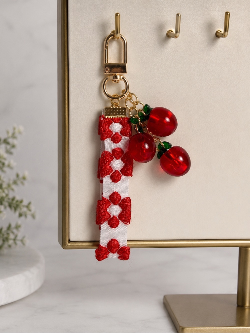 Cherry Charm Keychain with Red Floral Strap